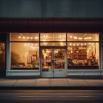 An empty shop window. There are also neon lights. An abandoned store. High quality photo