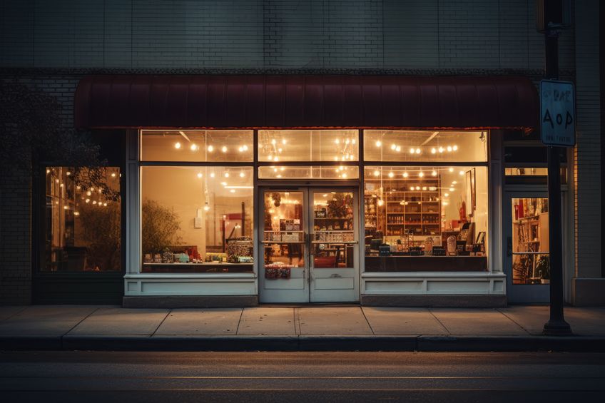 An empty shop window. There are also neon lights. An abandoned store. High quality photo